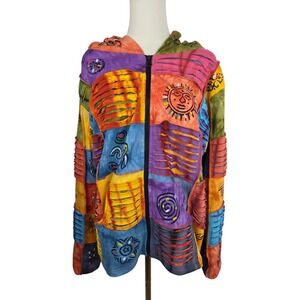 VTG Rising‎ International Patchwork Zip Hoodie L Multi Boho Razor Cut Festival